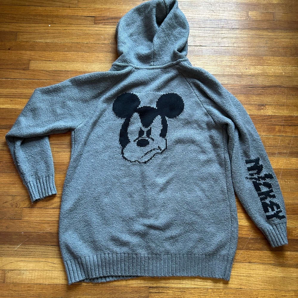 Disney Mickey Mouse Full Zip Knit Hoodie Pockets Grey Size Large (2) Comfy